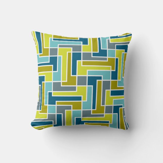 Mid Century Mod Geometric Colour Block Green Blue Cushion (Front)