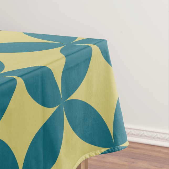 Mid-Century Mod Geometric Retro Modern Blue Green Tablecloth (In Situ)
