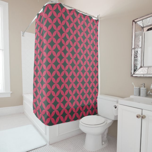 Mid-Century Mod Geometric Retro Modern Bright Pink Shower Curtain (In Situ)