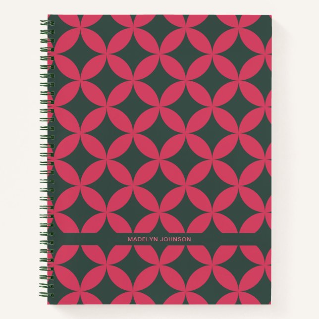 Mid-Century Mod Geometric Retro Modern Pink & Fir Notebook (Front)