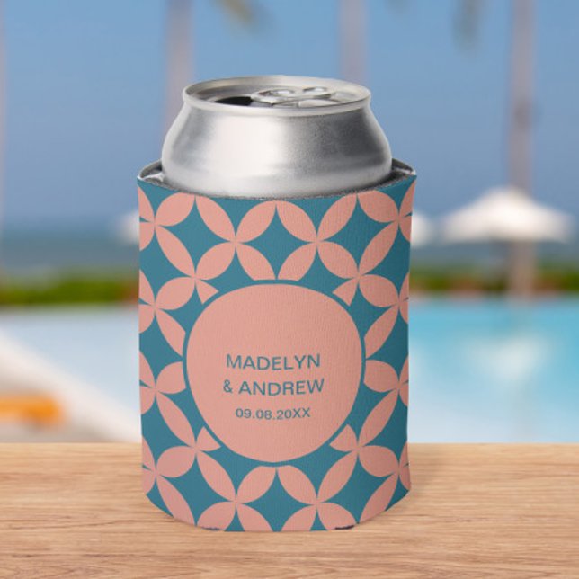 Mid-Century Mod Geometric Retro Wedding Teal Peach Can Cooler (Creator Uploaded)
