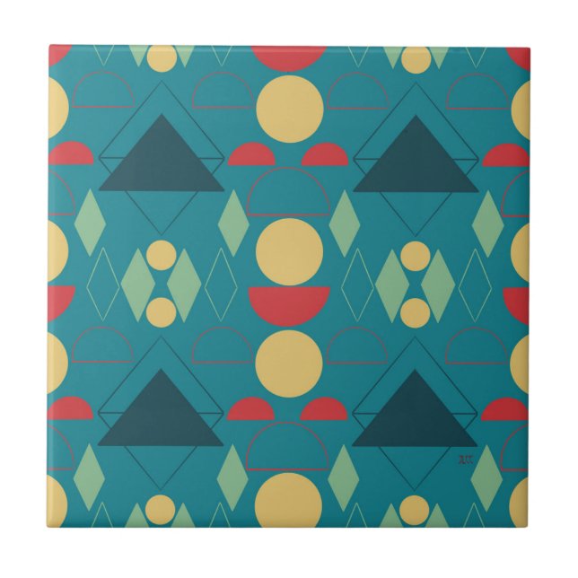Mid Century Mod Geometric Turquoise Ceramic Tile (Front)