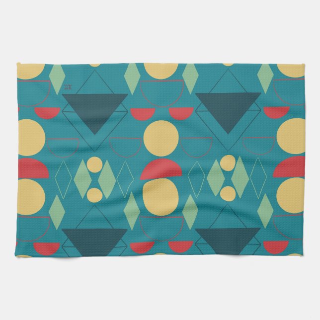 Mid Century Mod Geometric Turquoise Tea Towel (Horizontal)