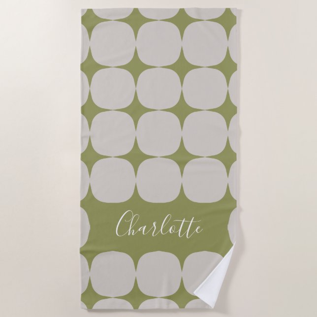 Mid Century Mod in Olive Green Personalised  Beach Towel (Front)