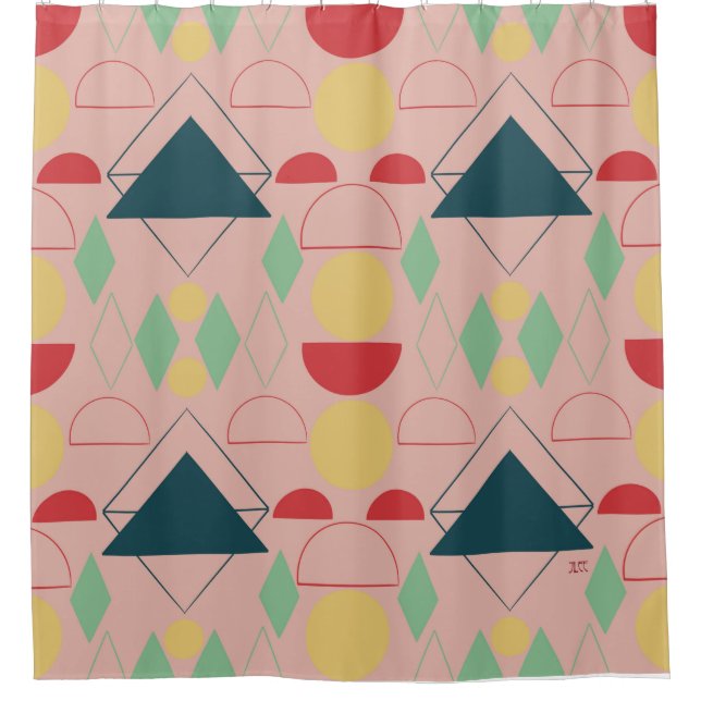 Mid Century Mod Pink Geometric  Shower Curtain (Front)