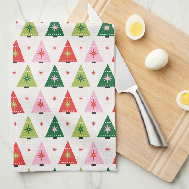 Mid-century mod Red and Green Christmas Tea Towel (Quarter Fold)