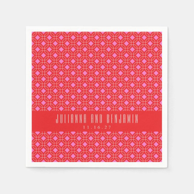 Mid Century Mod Red Pink Geometric Custom Wedding  Napkin (Front)