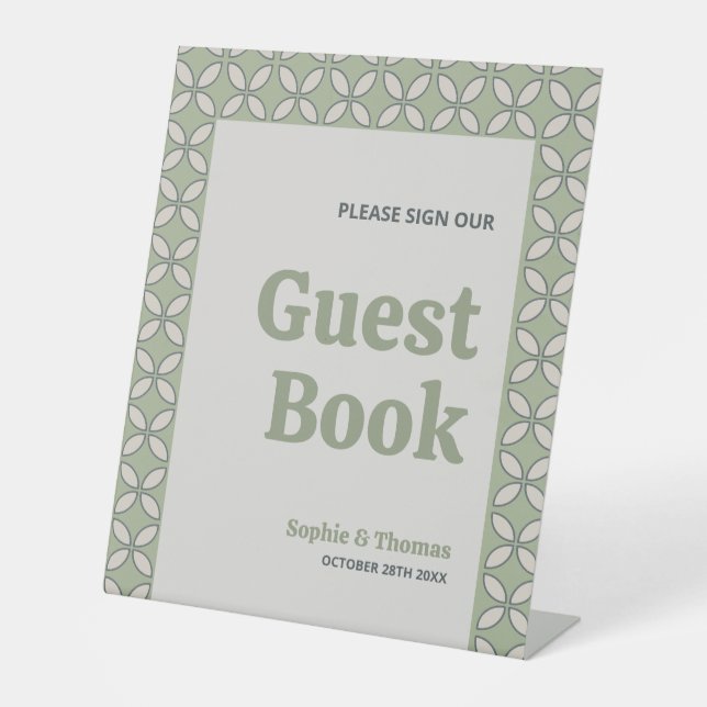 Mid Century Mod Retro Wedding Green Guest Book Pedestal Sign (Front)
