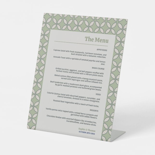 Mid Century Mod Retro Wedding Olive Green Menu Pedestal Sign (Front)