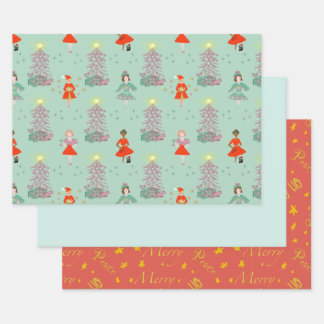 Mid century mod women retro Christmas, pink, green Wrapping Paper Sheet