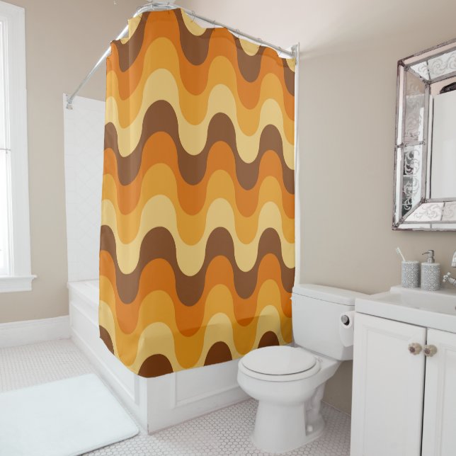 Mid Century Modern 1970s Wavy Stripe Pattern Shower Curtain (In Situ)