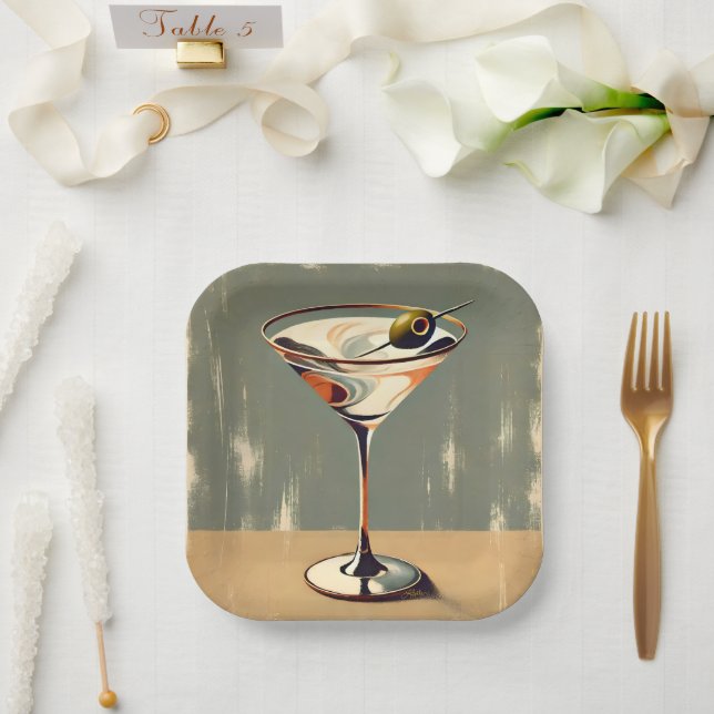 Mid Century Modern 1 Olive Martini Painting Paper Plate (Wedding)
