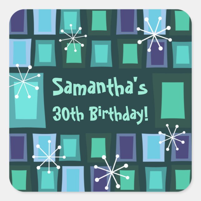 Mid Century Modern 30th Birthday Teal Square Sticker (Front)