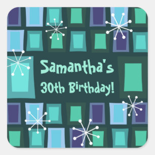 Mid Century Modern 30th Birthday Teal Square Sticker