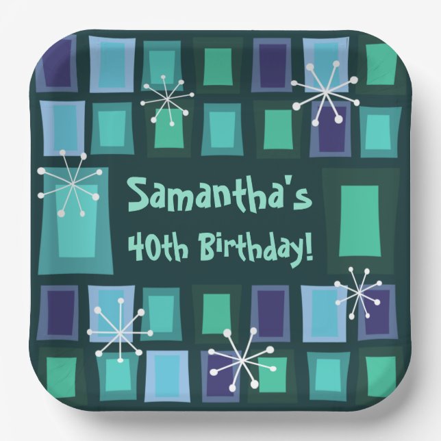 Mid Century Modern 40th Birthday Teal Paper Plate (Front)
