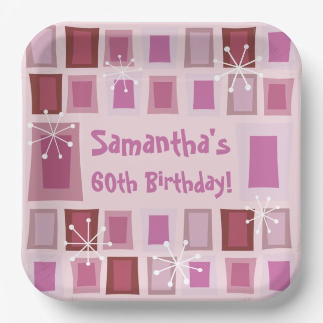 Mid Century Modern 60th Birthday Pink Paper Plate (Front)