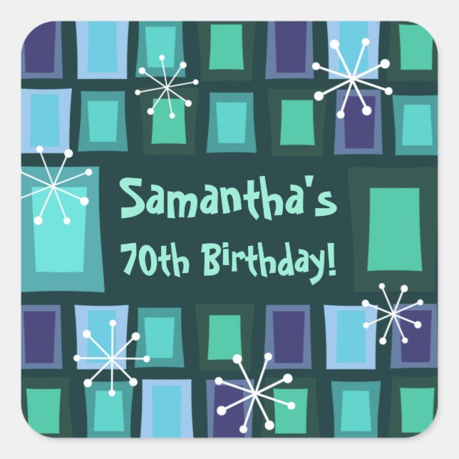 Mid Century Modern 70th Birthday Teal Square Sticker (Front)
