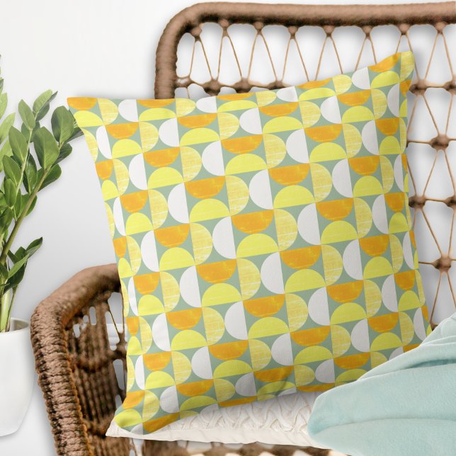 Mid Century Modern Abstract Bright Semicircles Cushion (A throw pillow with mid century modern design of semicircles in orange, yellow and white on green)