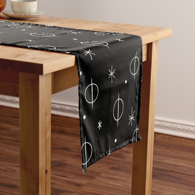 Mid Century Modern Abstract Circles Stars Black Short Table Runner (In Situ)