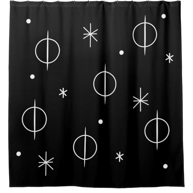 Mid Century Modern Abstract Circles Stars Black Shower Curtain (Front)