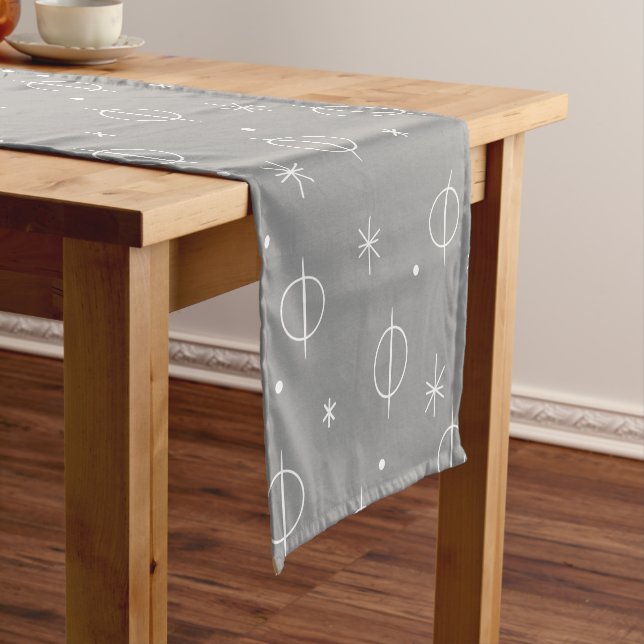 Mid Century Modern Abstract Circles Stars Grey Short Table Runner (In Situ)