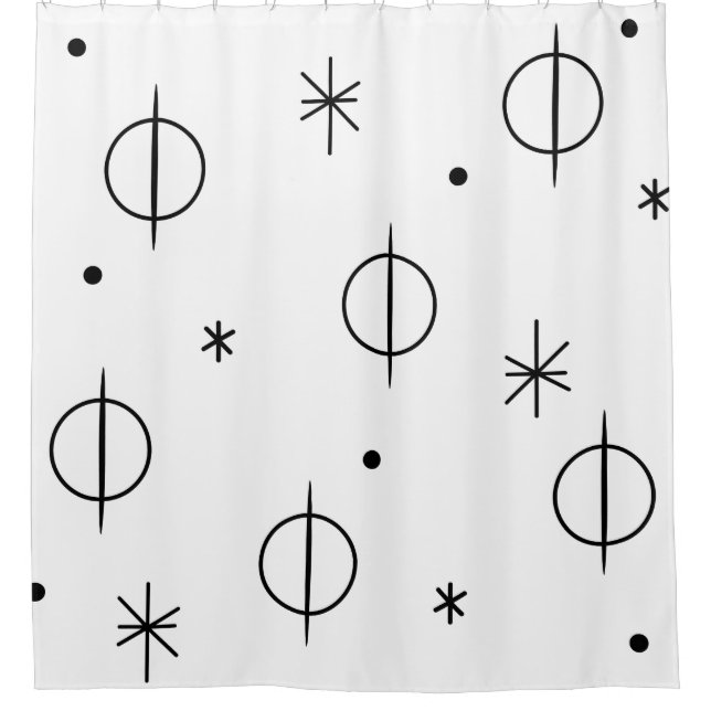 Mid Century Modern Abstract Circles Stars White Shower Curtain (Front)