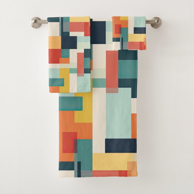 Mid Century Modern Abstract Geometric Colour Block Bath Towel Set (Insitu)
