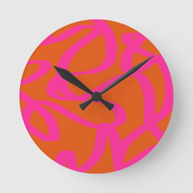Mid Century Modern Abstract Lines Orange And Pink Round Clock (Front)