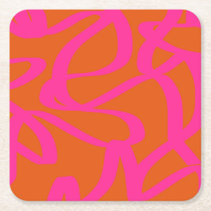 Mid Century Modern Abstract Lines Orange And Pink Square Paper Coaster