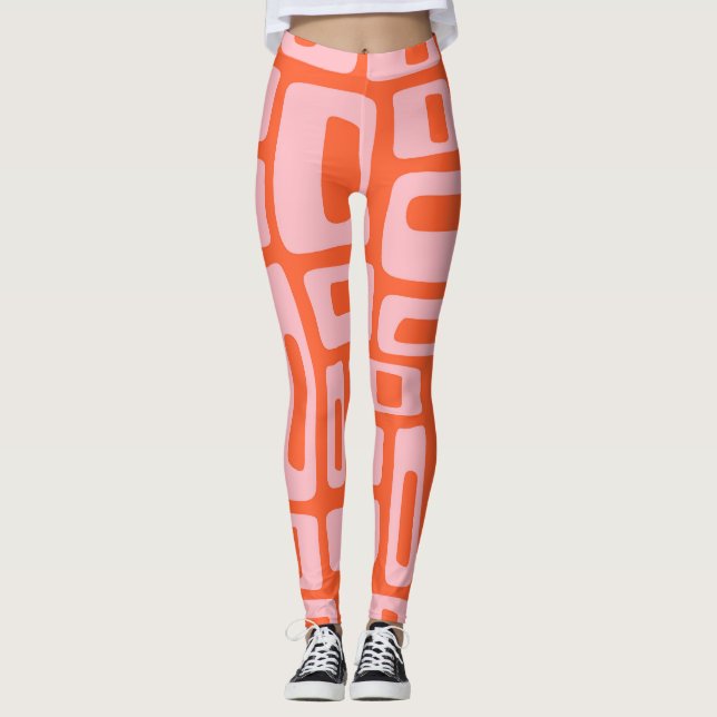 Mid Century Modern Abstract Orange & Pink Pattern Leggings (Front)