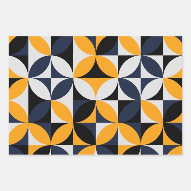Mid Century Modern Abstract Pattern Blue & Yellow Wrapping Paper Sheet (Front)