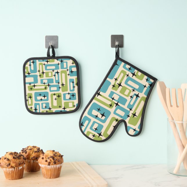 Mid Century Modern Abstract Pattern Oven Mitt & Pot Holder Set (Insitu(Hanging))