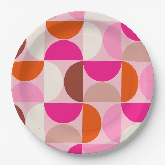 Mid Century Modern Abstract Pattern Pink Orange Paper Plate (Front)