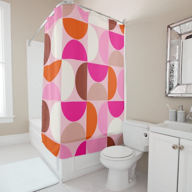 Mid Century Modern Abstract Pattern Pink Orange Shower Curtain (In Situ)