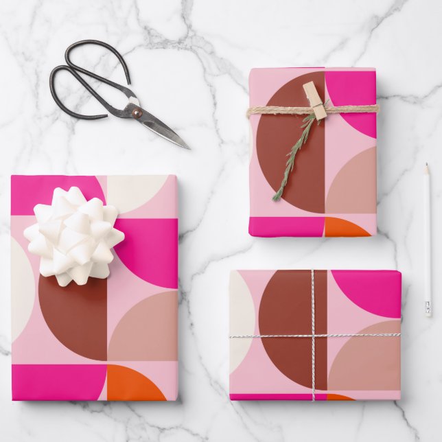 Mid Century Modern Abstract Pattern Pink Orange Wrapping Paper Sheet (Front)