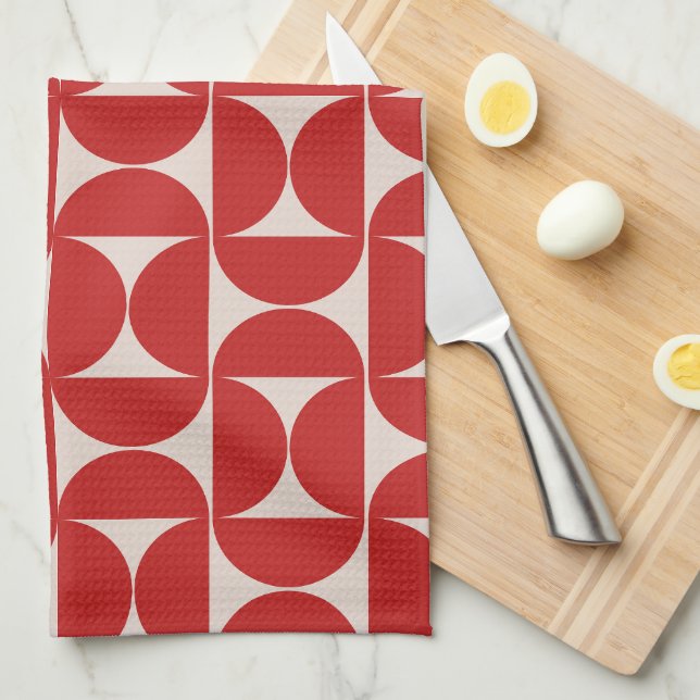 Mid Century Modern Abstract Pattern Red Tea Towel (Quarter Fold)