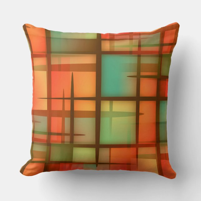 Mid Century Modern Abstract Plaid Blue Green Red Cushion (Front)