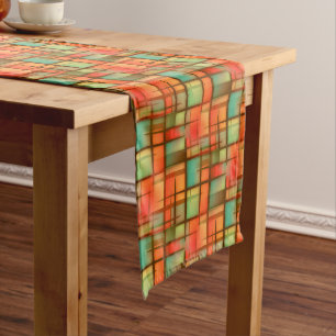 Mid Century Modern Abstract Plaid Blue Green Red Medium Table Runner