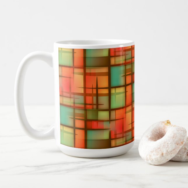 Mid Century Modern Abstract Plaid Red Blue Green Coffee Mug (With Donut)