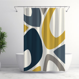 Mid Century Modern Abstract Shapes 2 Navy, Mustard Shower Curtain