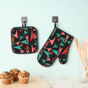 Mid Century Modern Arrows Aqua and Orange Snazzy Oven Mitt & Pot Holder Set