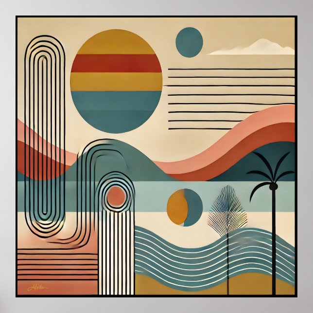 Mid Century Modern Art Beach Sunrise  Poster (Front)
