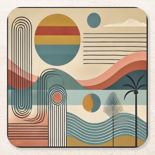 Mid Century Modern Art Beach Sunrise  Square Paper Coaster (Front)