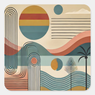 Mid Century Modern Art Beach Sunrise  Square Sticker