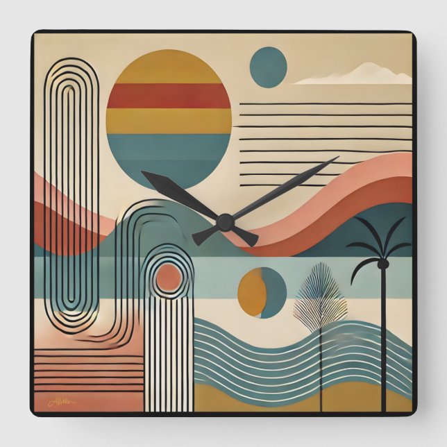 Mid Century Modern Art Beach Sunrise  Square Wall Clock (Front)