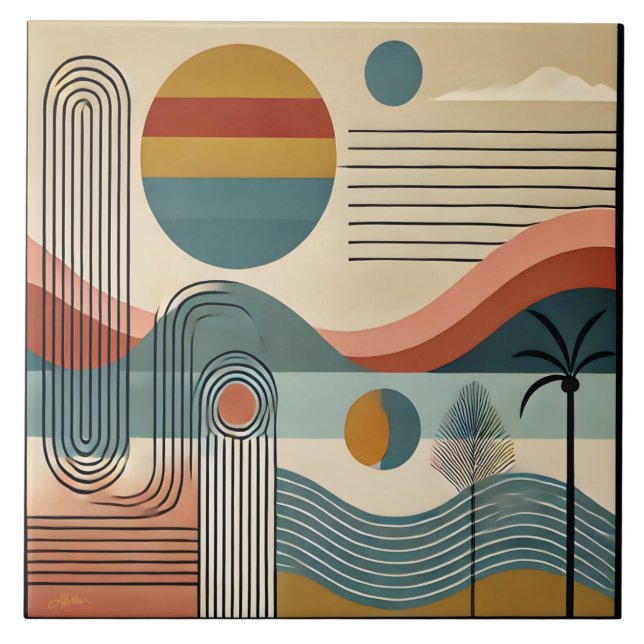 Mid Century Modern Art Beach Sunrise  Tile (Front)