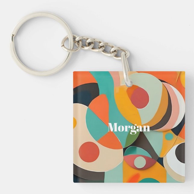 Mid Century Modern Art Monogram or Name, Geometric Key Ring (Front)