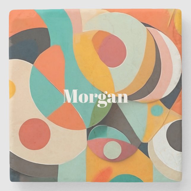 Mid Century Modern Art Monogram or Name, Geometric Stone Coaster (Front)