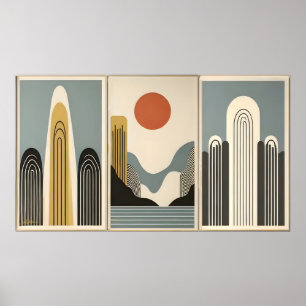 Mid Century Modern Art Mountain Lake Sunrise Poster
