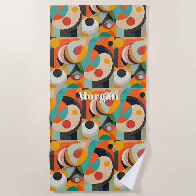 Mid Century Modern Art, Name or Monogram Geometric Beach Towel (Front)